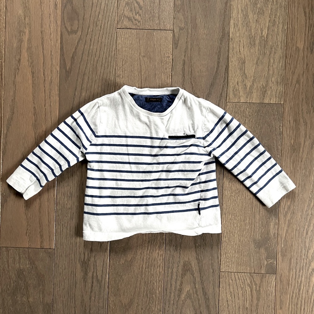 Mayoral Long Sleeve Striped T-shirt. White w/ Blue Stripes. Size 2T.